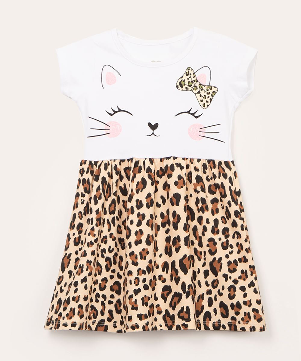 vestido infantil animal print gatinha manga curta marrom