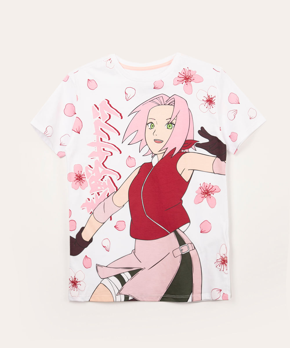 blusa infantil oversized manga curta sakura naruto off white