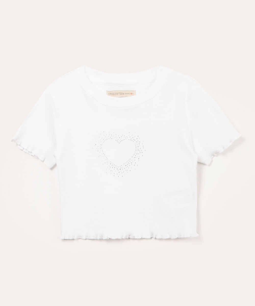 blusa juvenil cropped canelada manga curta strass off white