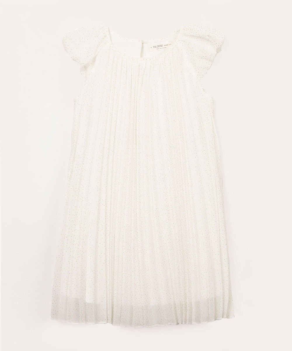 vestido infantil plissado poá com glitter off white