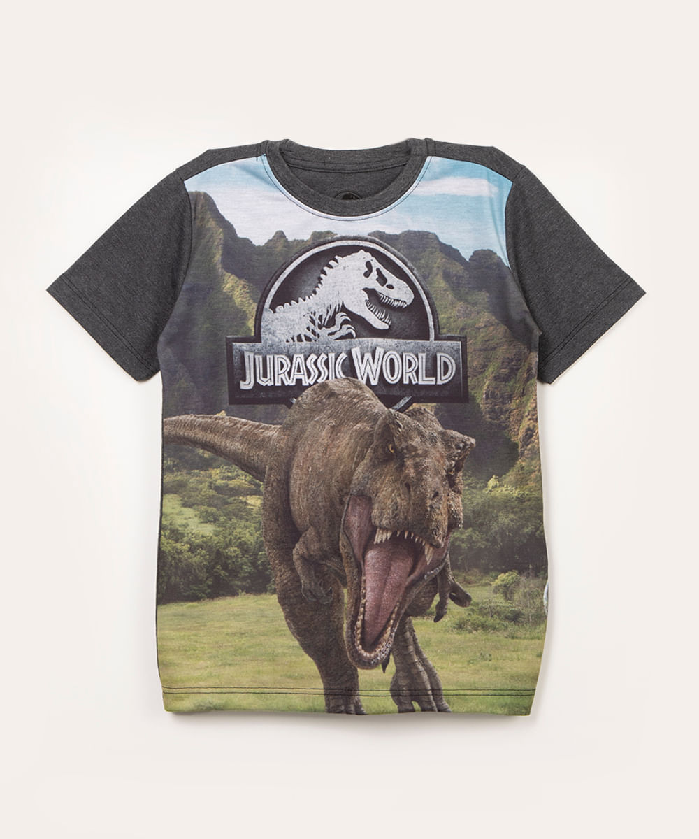 camiseta infantil jurassic park cinza mescla