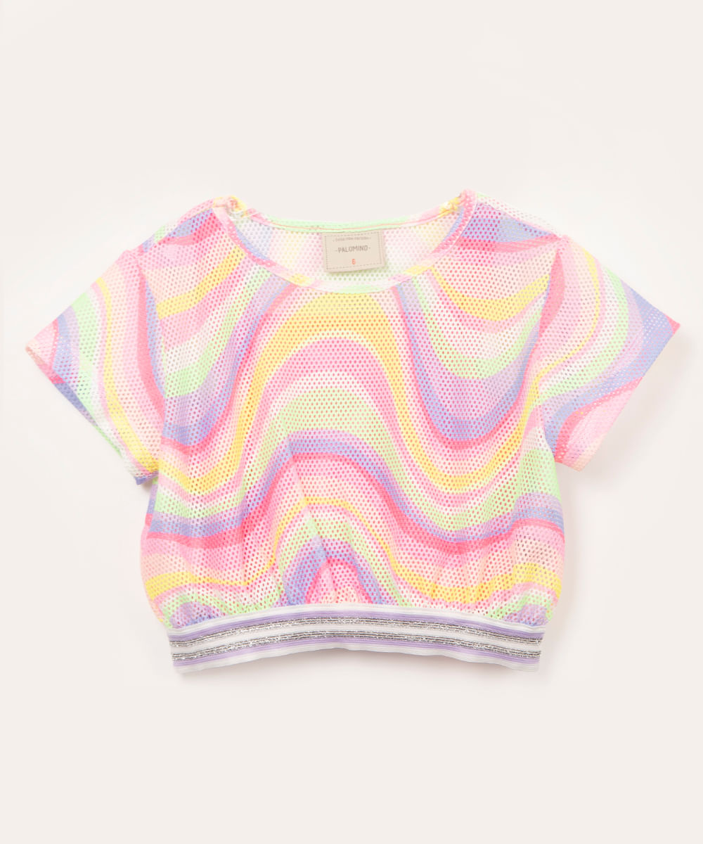 camiseta infantil de tela cropped psicodélica multicor