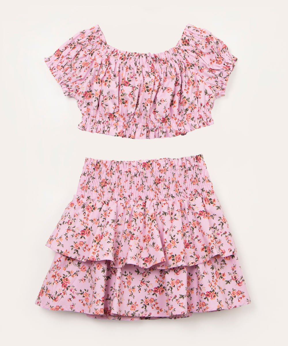 conjunto infantil floral blusa manga bufante e saia com babado rosa