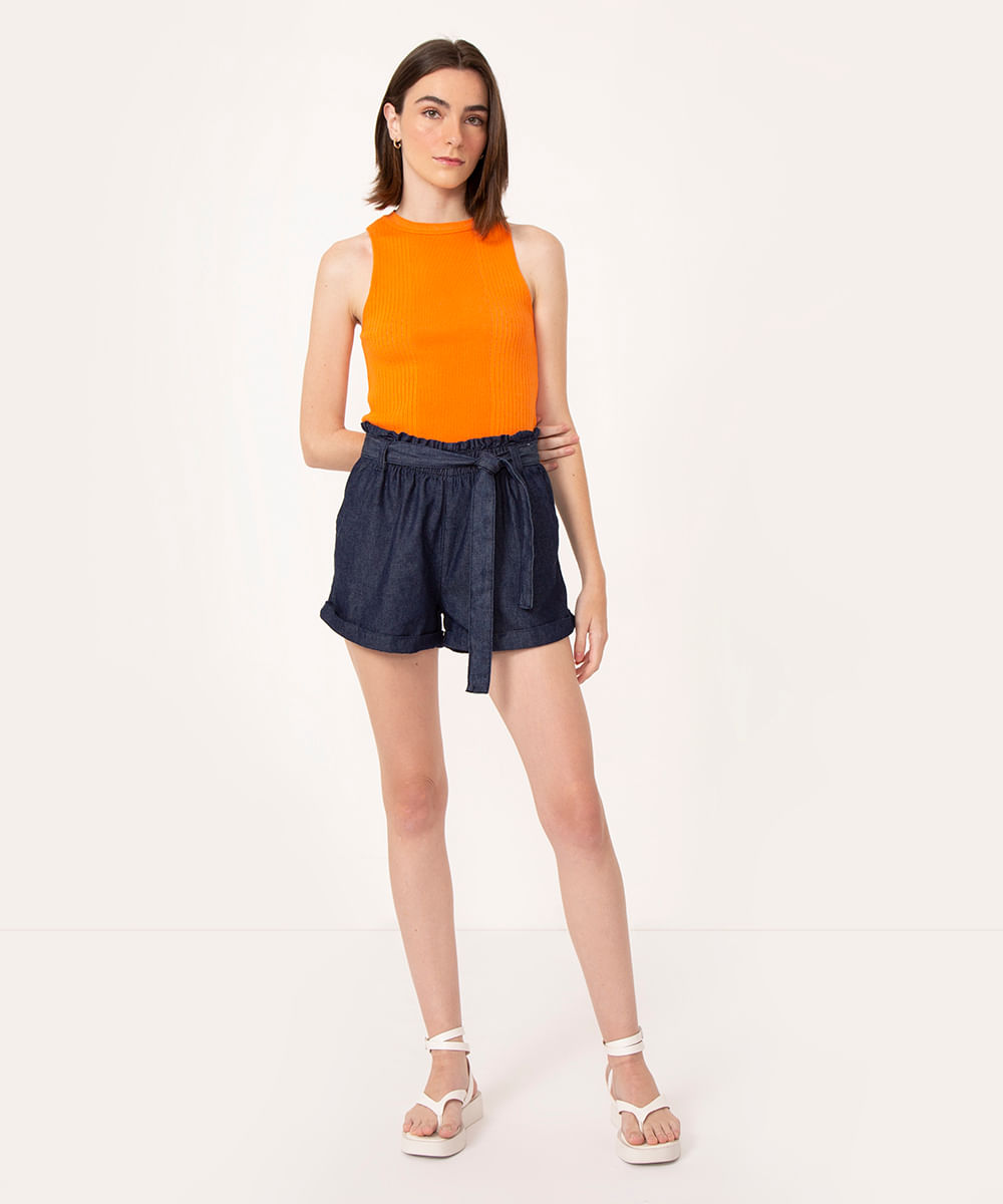 short jeans clochard cintura super alta azul escuro