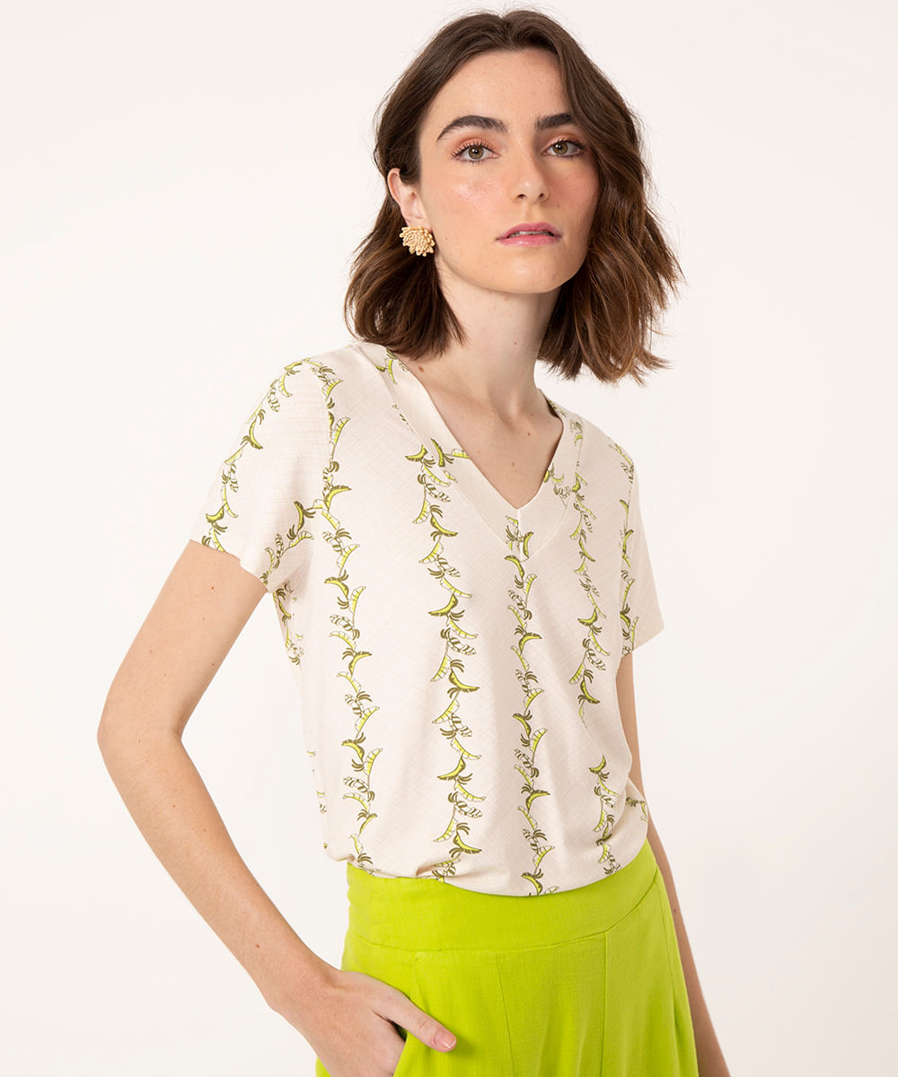 blusa de viscose folhagem manga curta off white