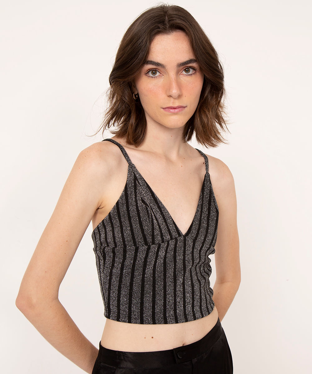 top cropped decote v alça fina listra brilho preto
