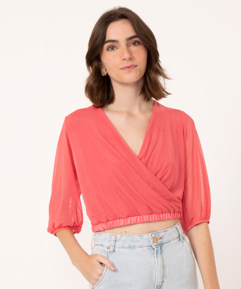 blusa de tule decote v transpassado manga bufante coral