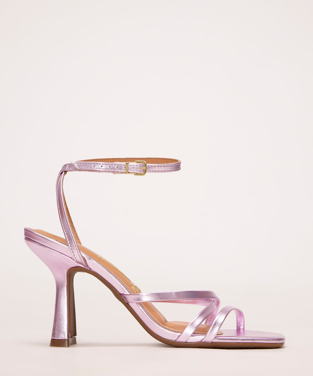 sandália metalizada salto alto vizzano lilás
