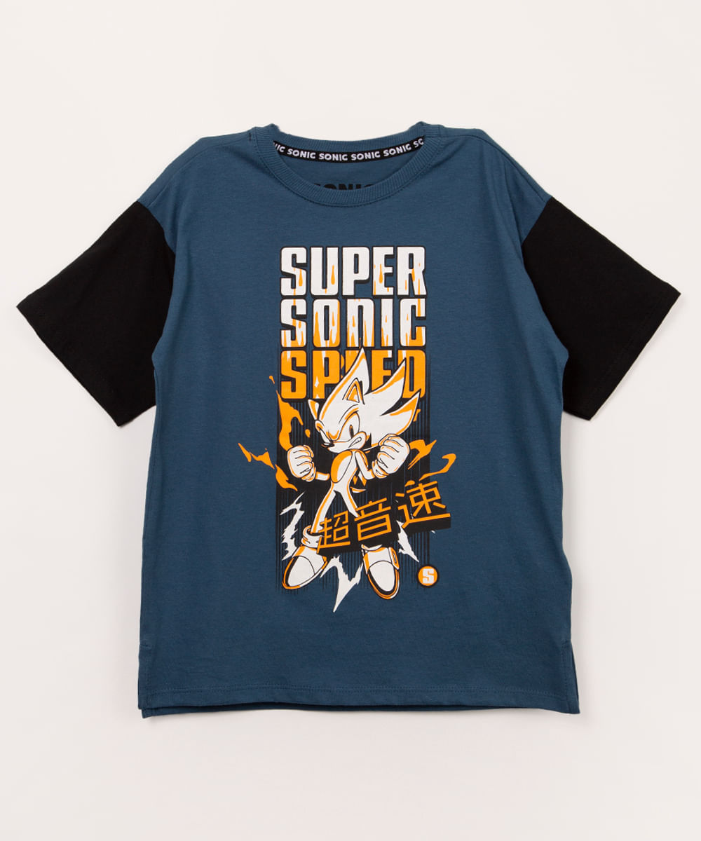 camiseta infantil manga curta sonic azul