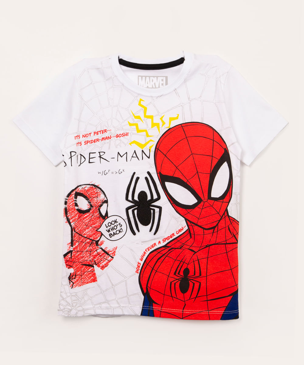 camiseta infantil manga curta homem aranha off white