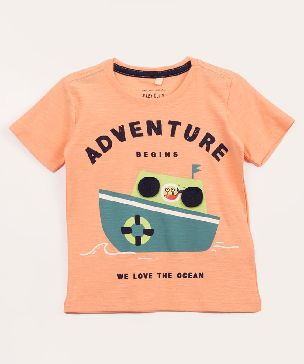 camiseta infantil manga curta barco laranja