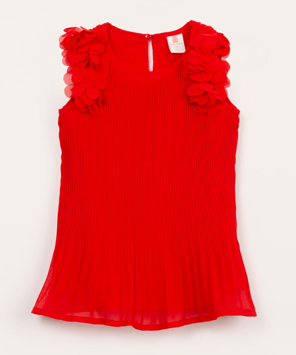 vestido infantil plissado com flores sem manga vermelho