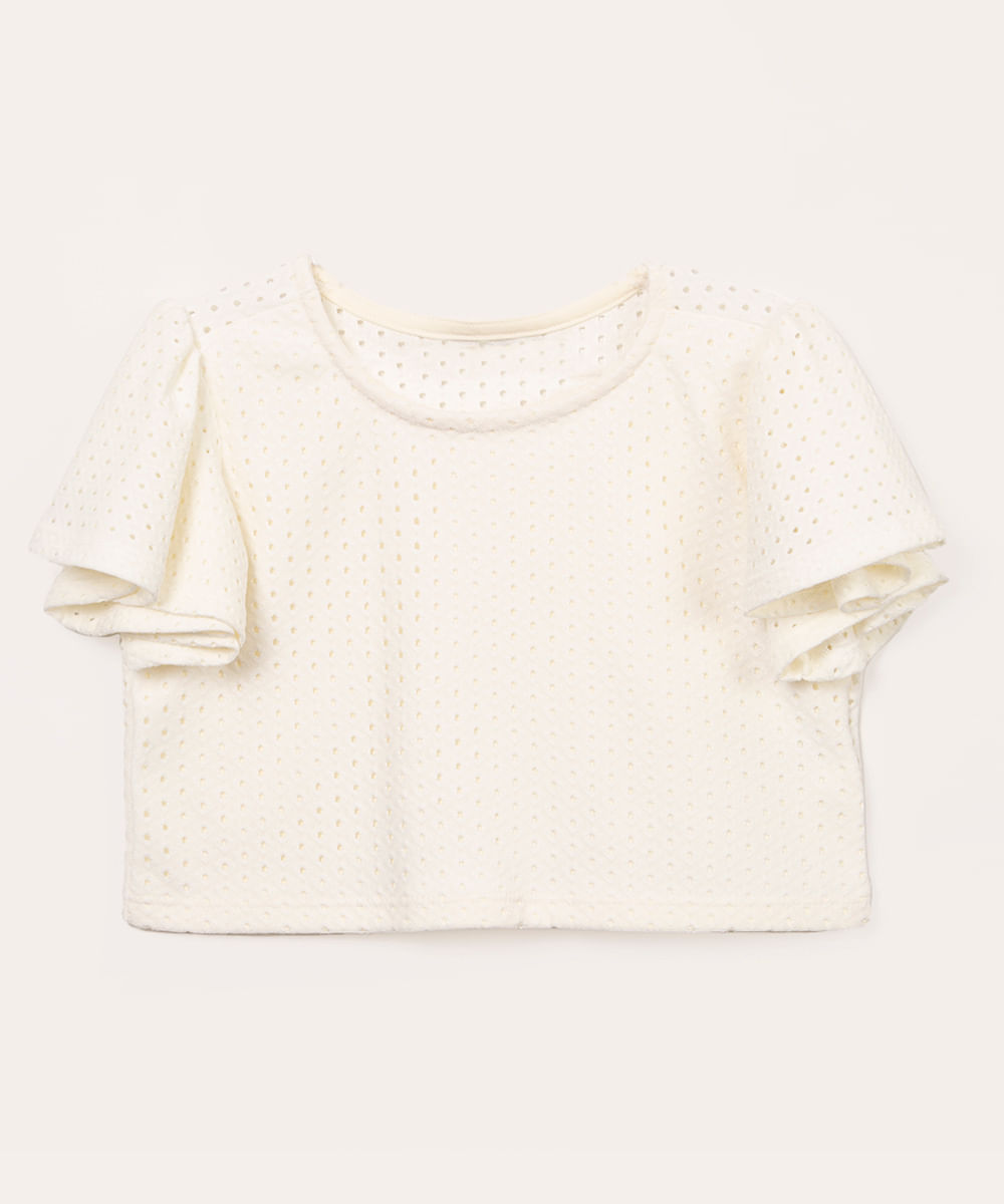 blusa infantil cropped de laise manga curta off white