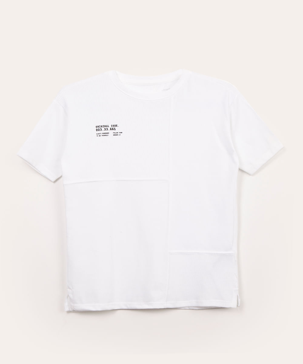 camiseta infantil manga curta com recorte off white