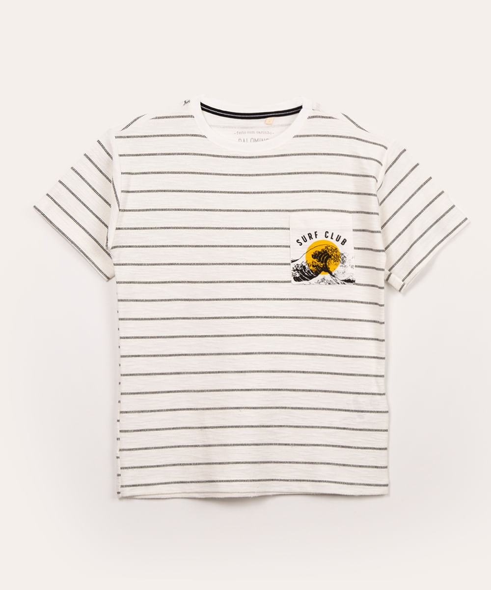 camiseta infantil listrada manga curta com bolso off white