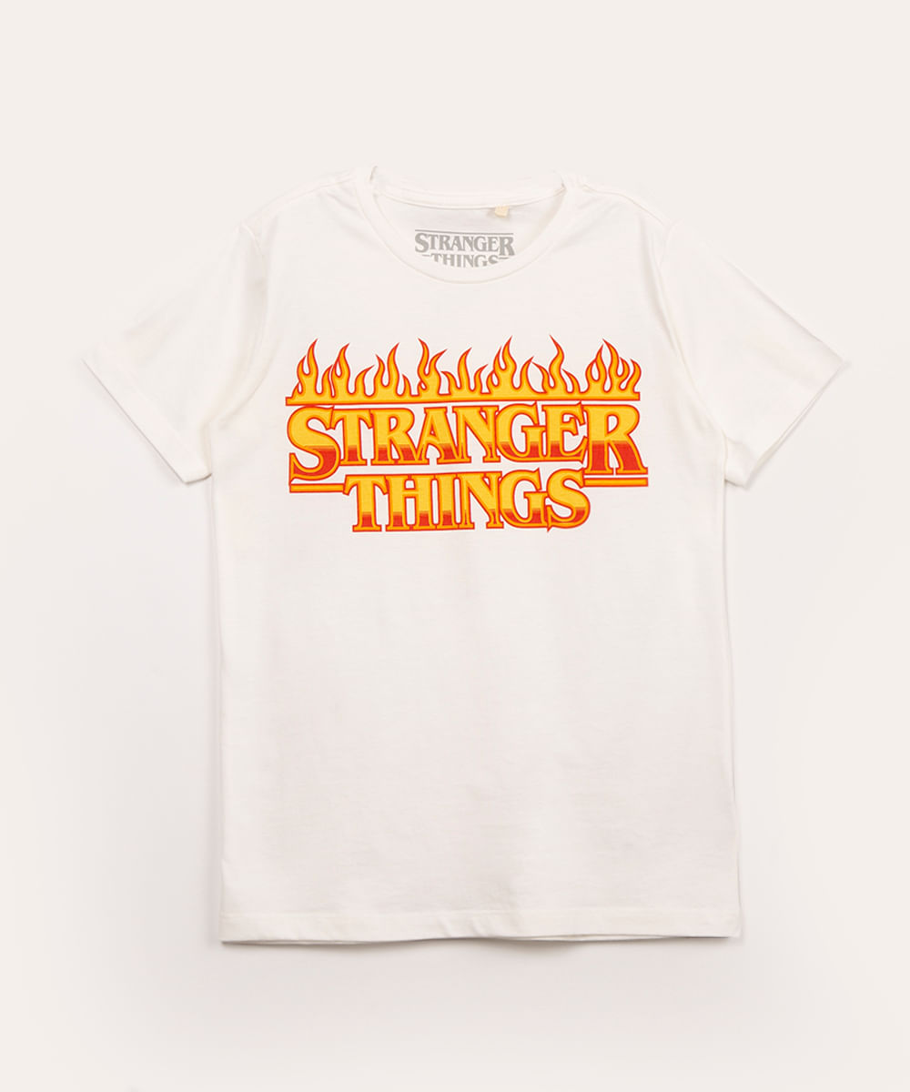 camiseta juvenil manga curta stranger things off white