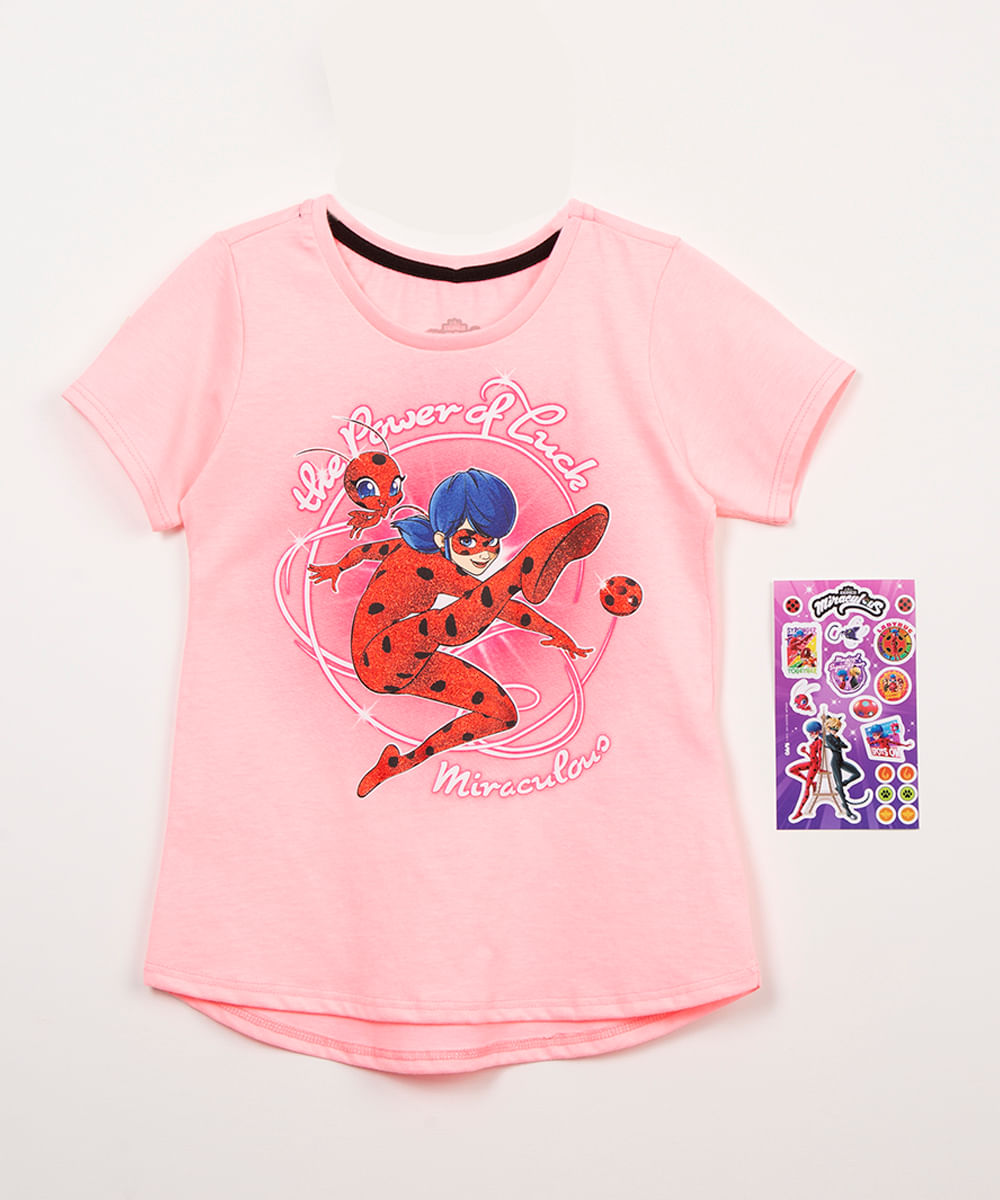 blusa infantil manga curta ladybug com adesivo rosa