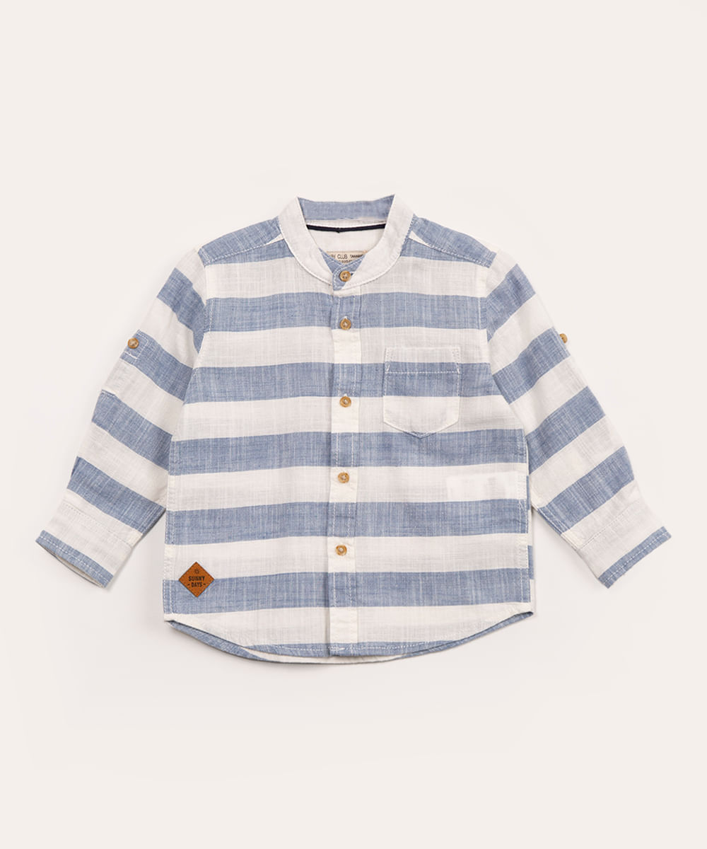 camisa infantil de algodão gola padre listrada off white