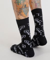Meia-Masculina-Cano-Alto-Divertida-Estampada-de-Caveiras-Preta-9309994-Preto_3