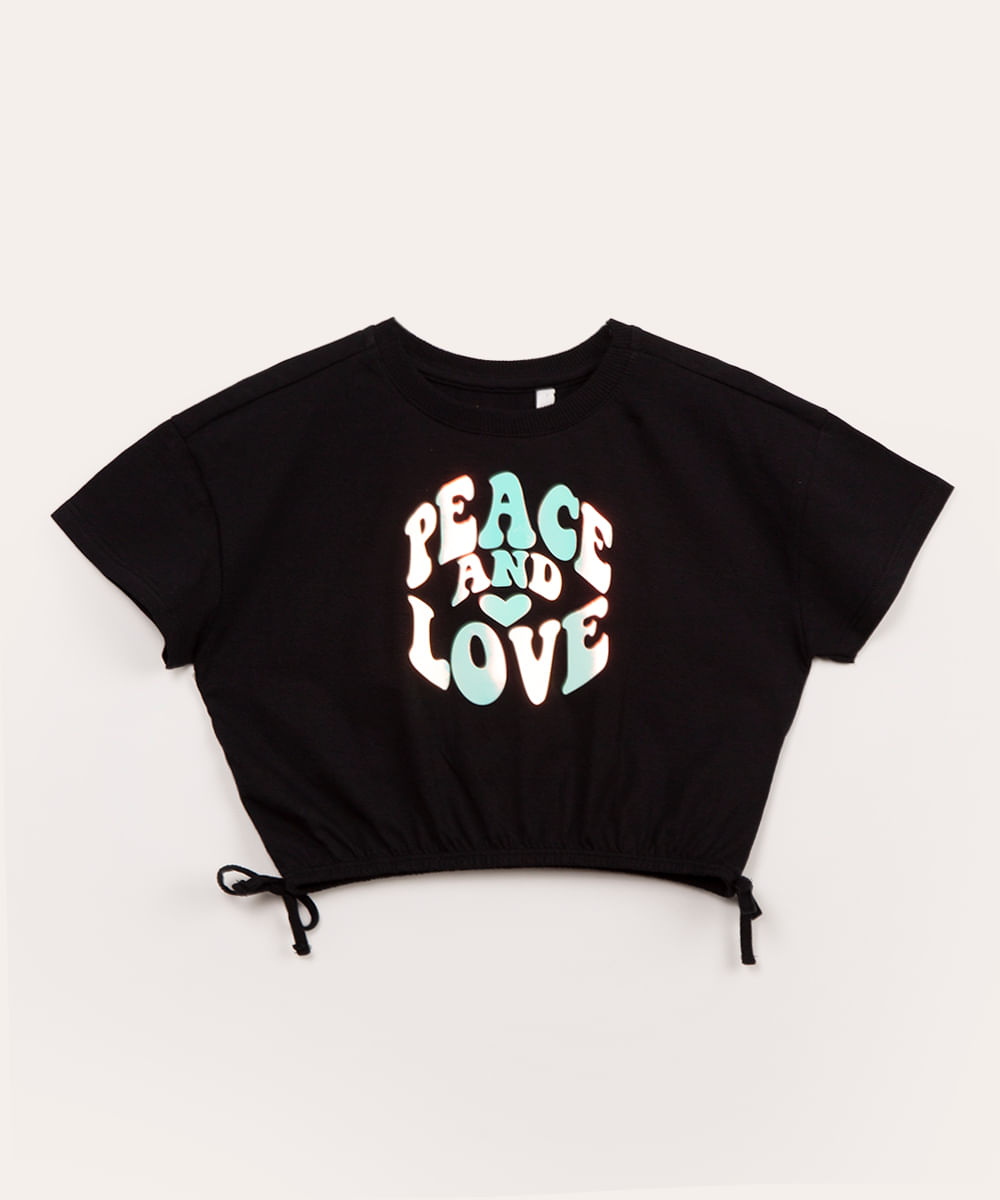 blusa infantil cropped manga curta peace and love preto