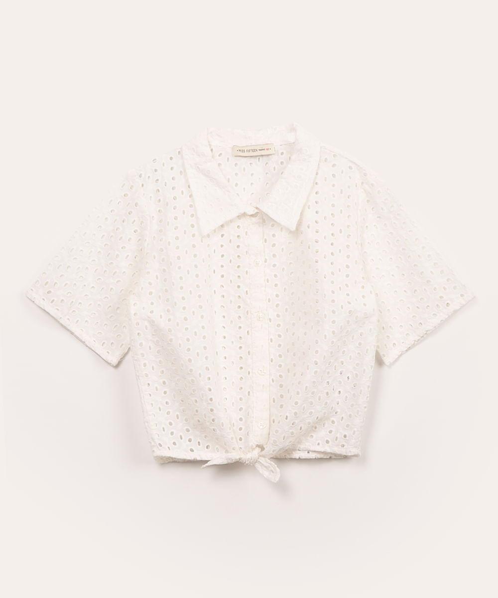 camisa juvenil de laise manga curta com nó off white