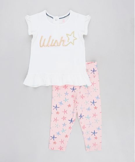 Conjunto-Infantil-de-Blusa--Love--Manga-Curta-Branca---Calca-Legging-Estampada-de-Estrela-do-Mar-Rosa-9125740-Rosa_1_1