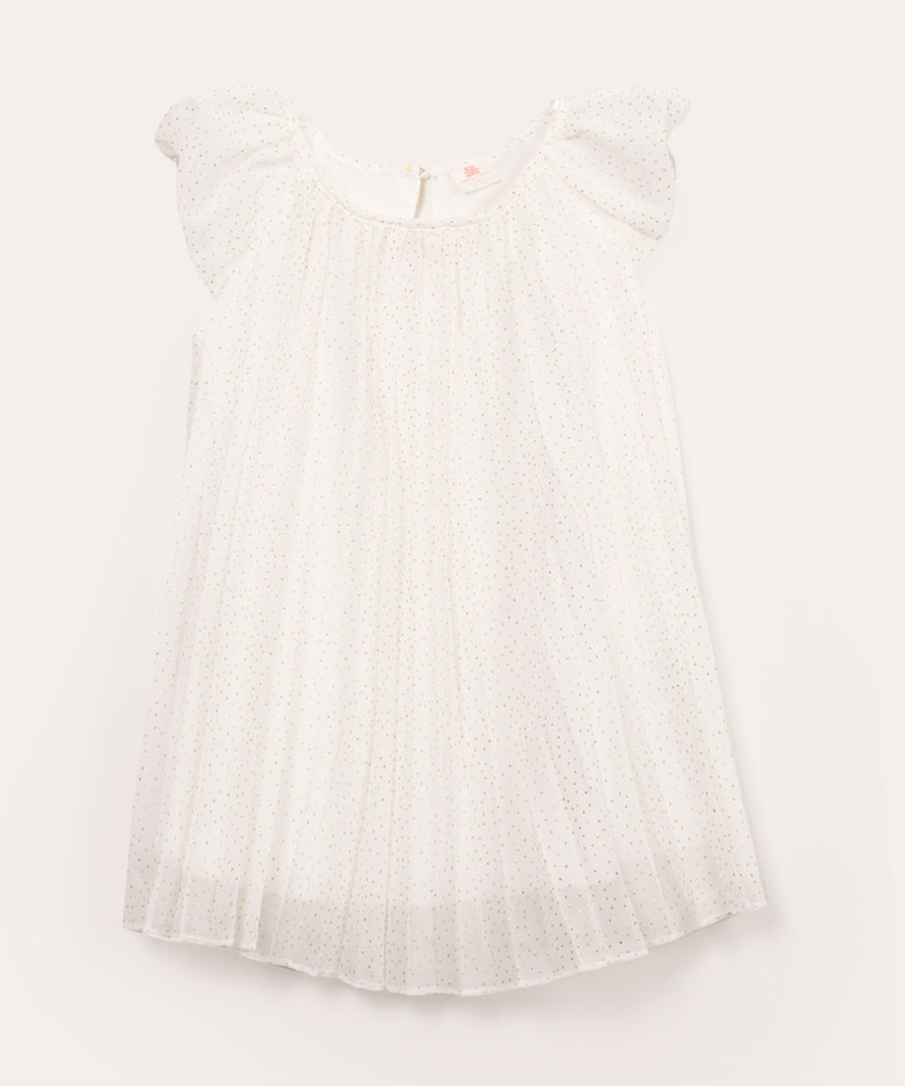 vestido infantil plissado poá com glitter off white