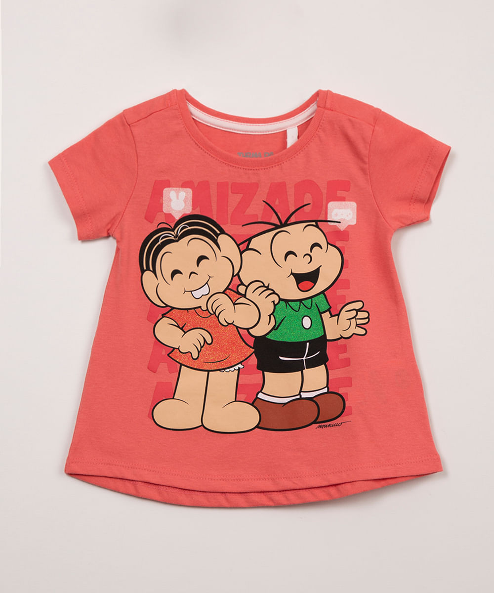 blusa infantil manga curta mônica rosa escuro