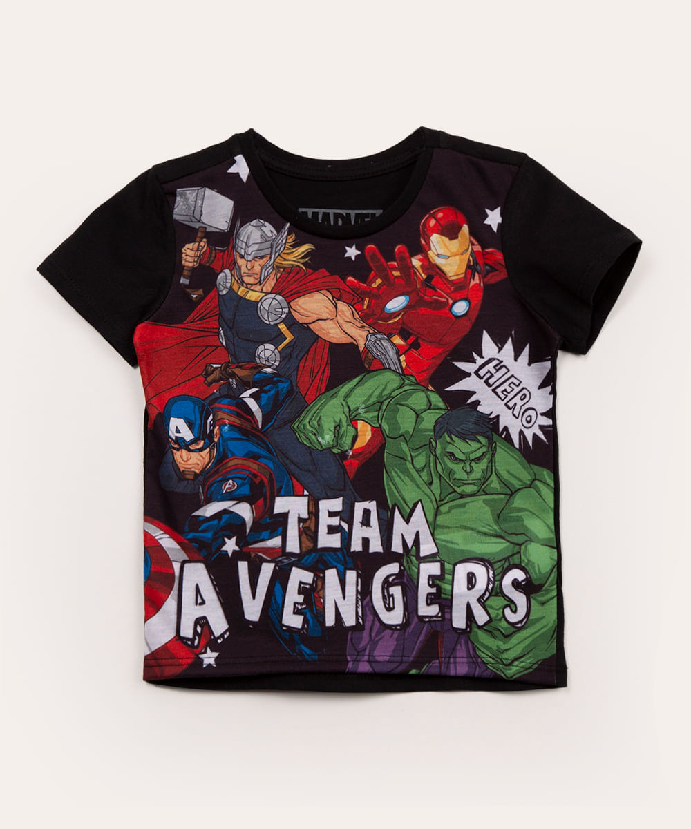 camiseta infantil manga curta os vingadores preta