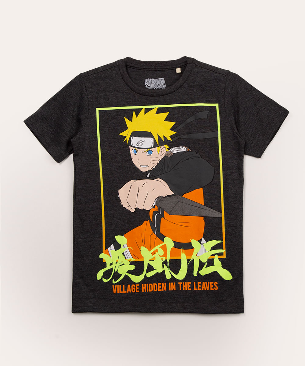 camiseta juvenil manga curta naruto cinza mescla escuro