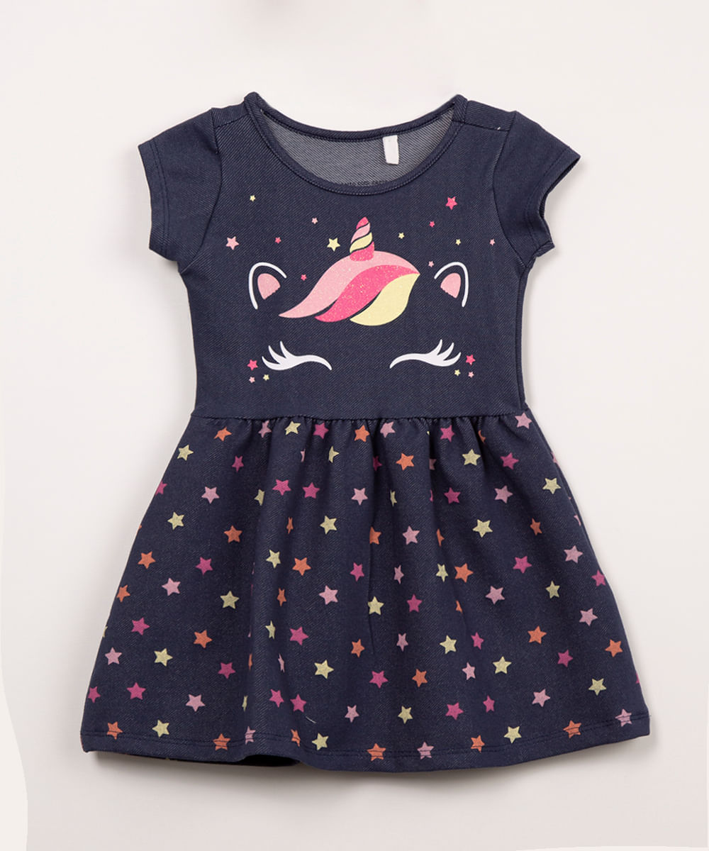 vestido infantil jeans unicórnio azul escuro