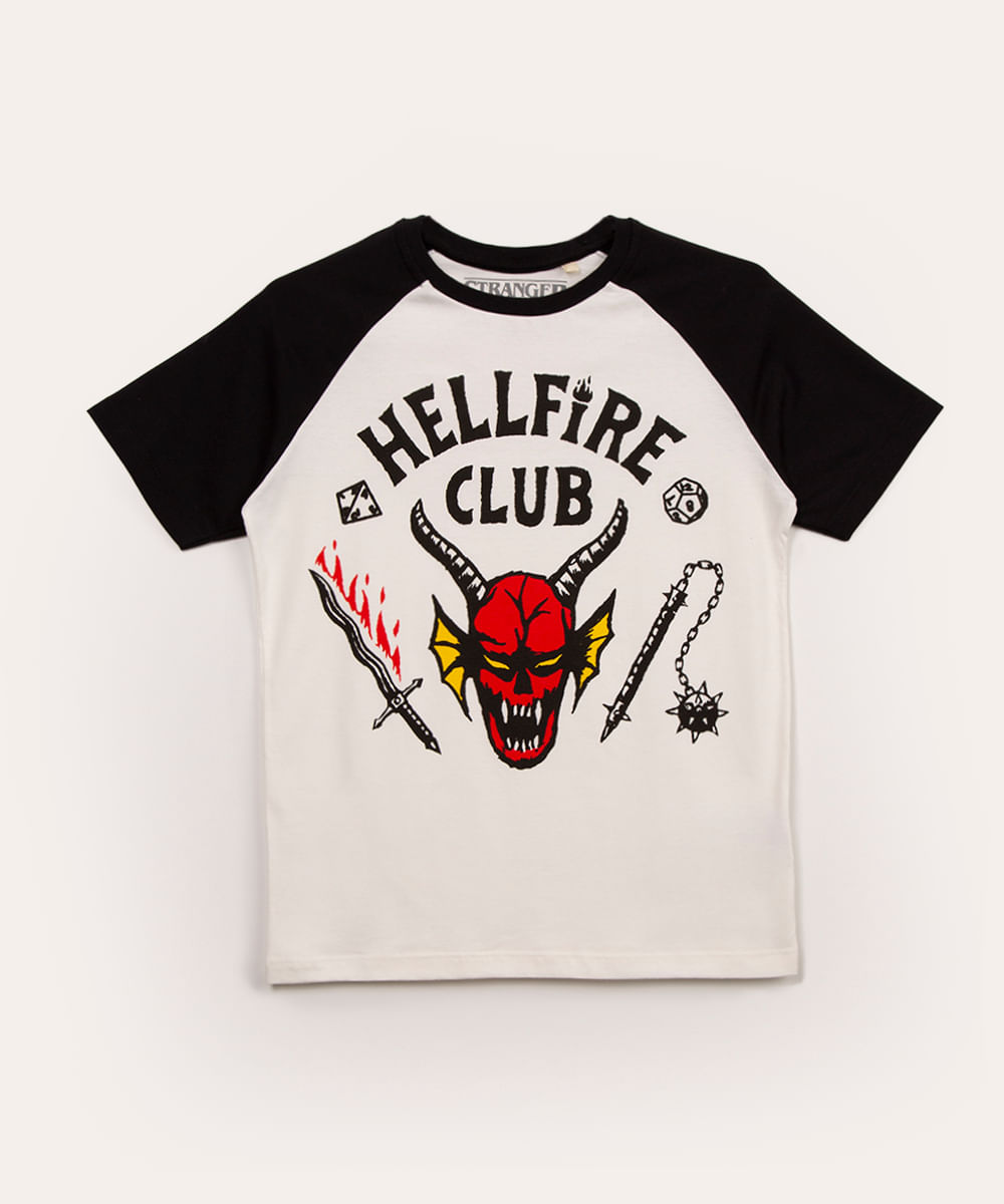 camiseta juvenil raglan manga curta stranger things off white