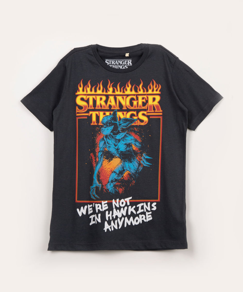 camiseta juvenil de algodão stranger things cinza escuro