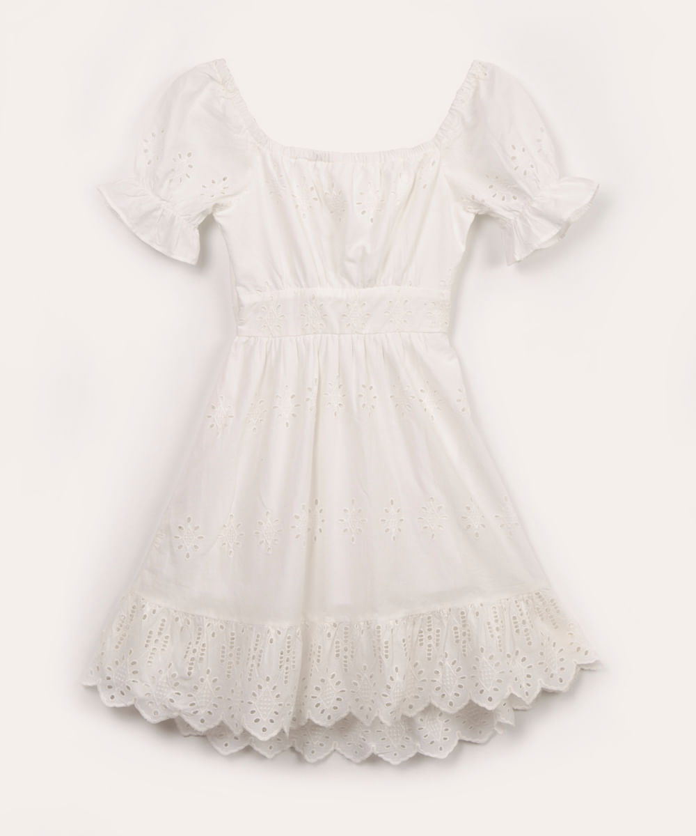 vestido juvenil de laise manga bufante off white