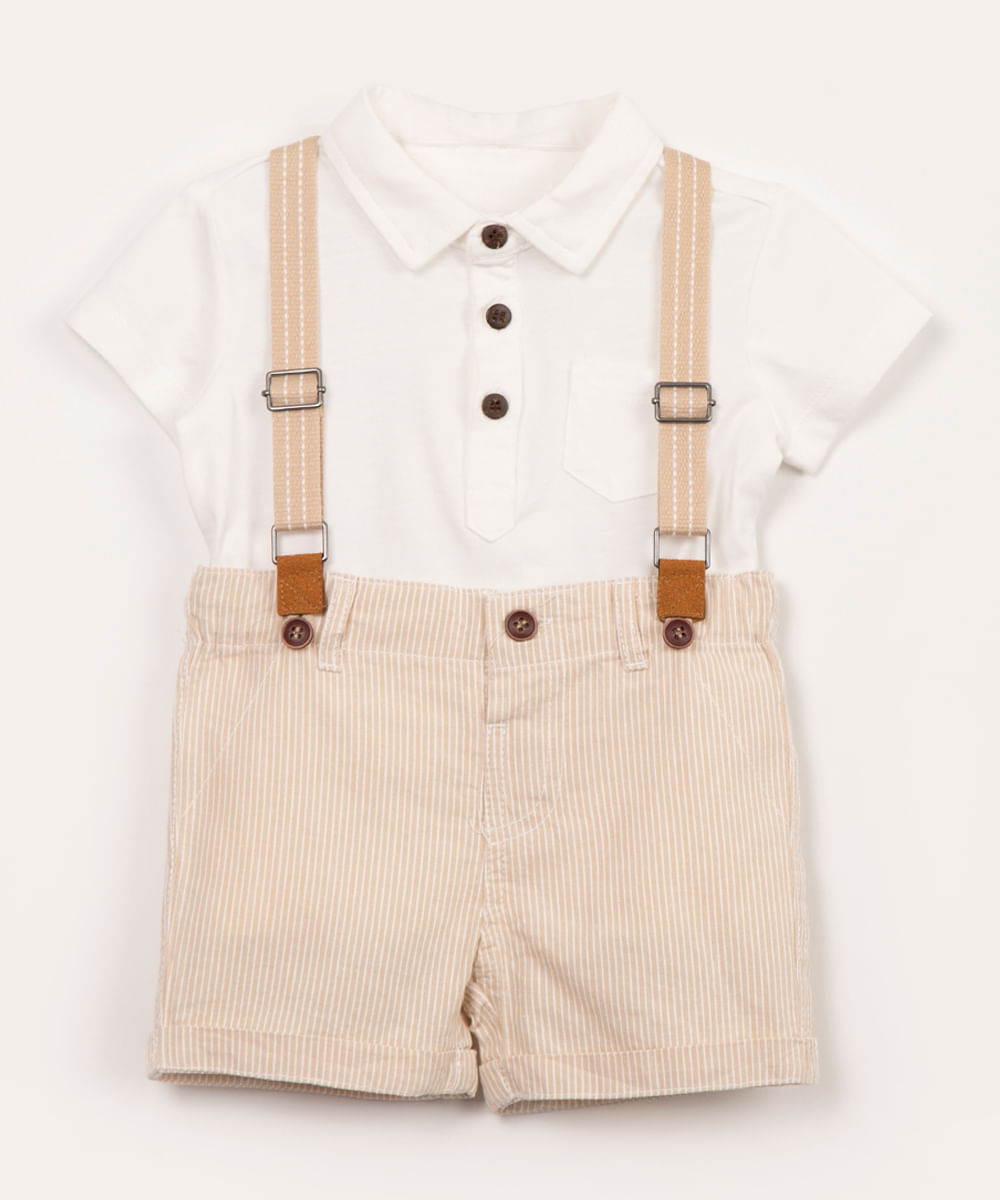 conjunto infantil camisa com bermuda e suspensório off white