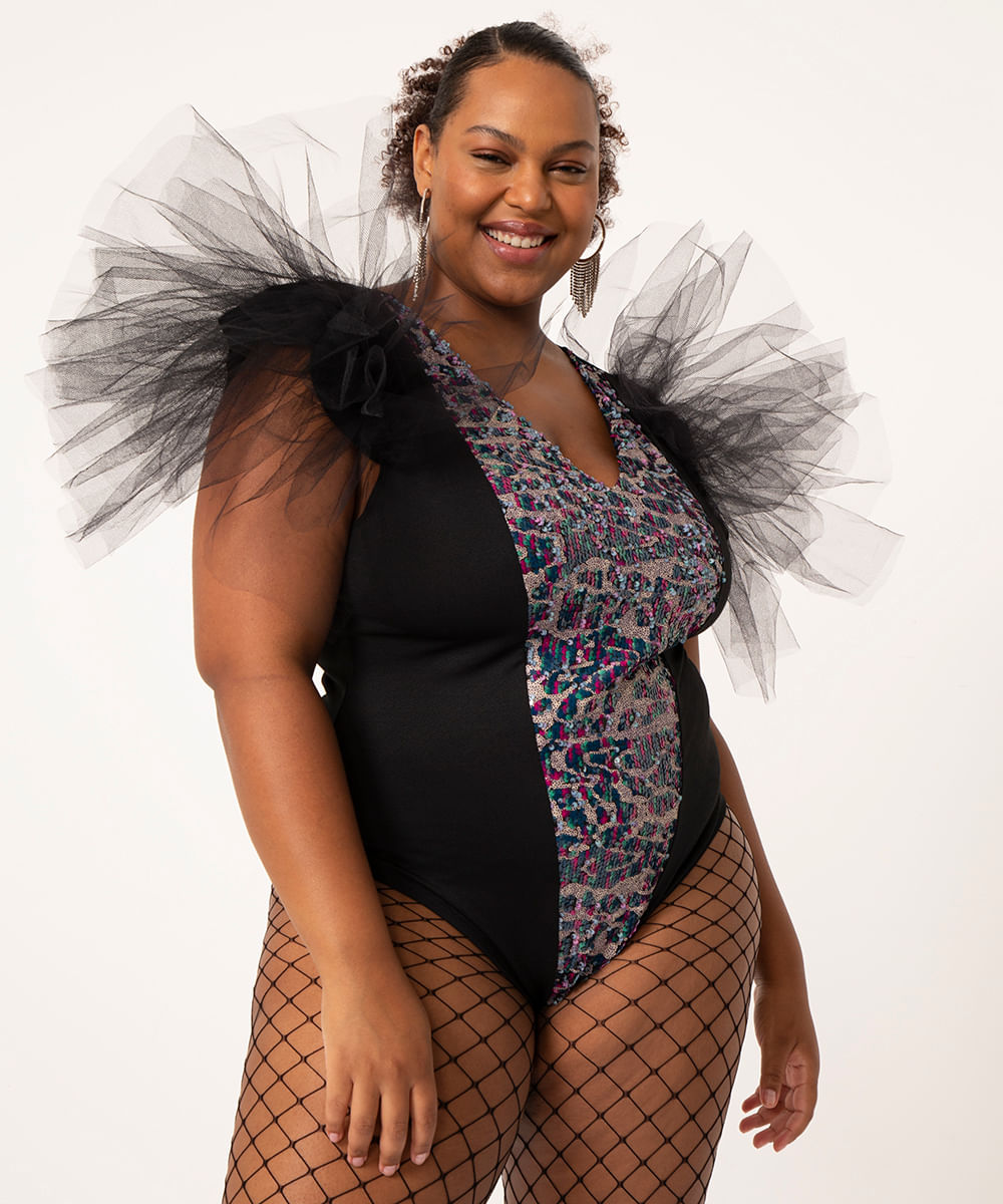 body plus size paetê manga de tule preto