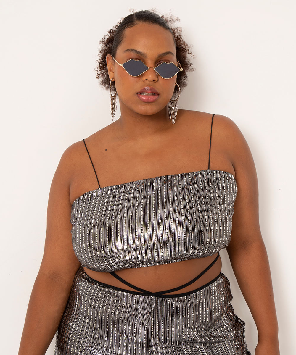 top cropped plus size alça fina brilho metalizado ohlograma preto