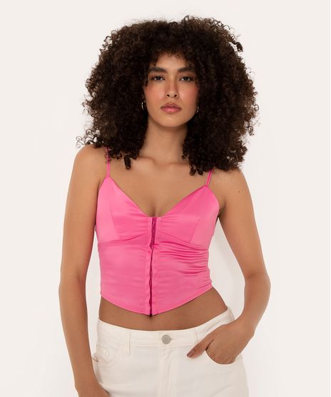 top cropped corset de cetim alça fina pink