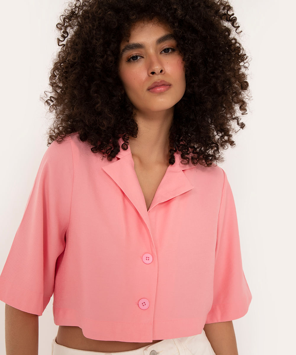 camisa cropped manga curta rosa