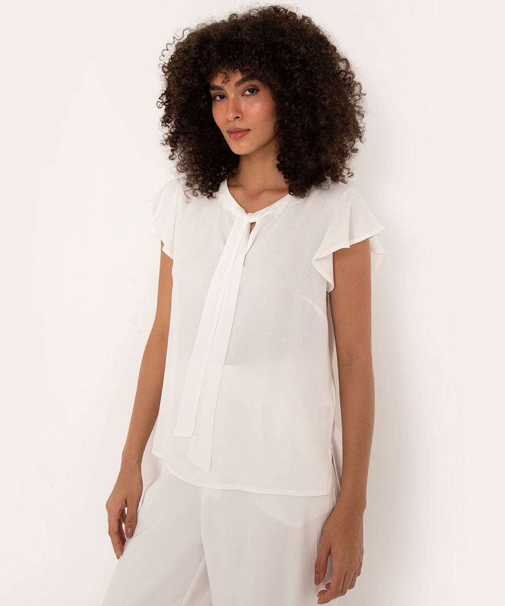 blusa de viscose manga curta gola laço off white