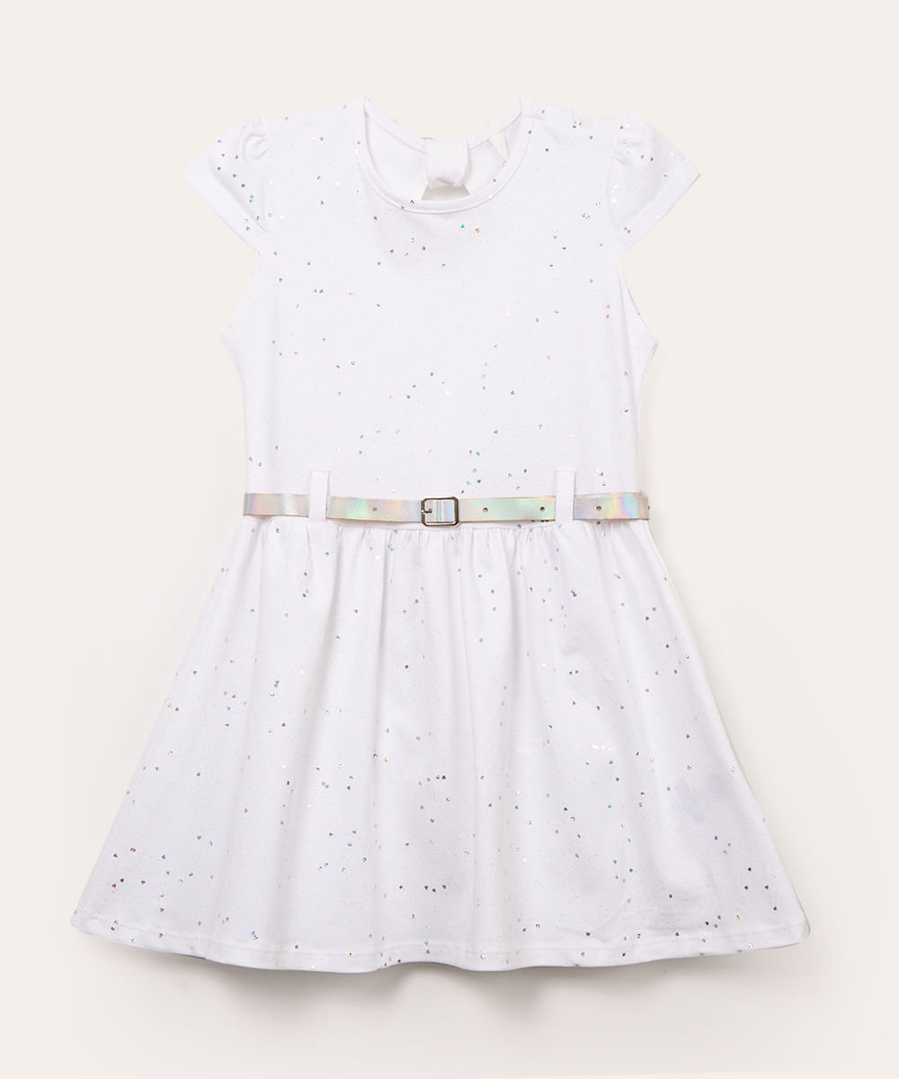 vestido infantil manga curta com glitter e cinto off white