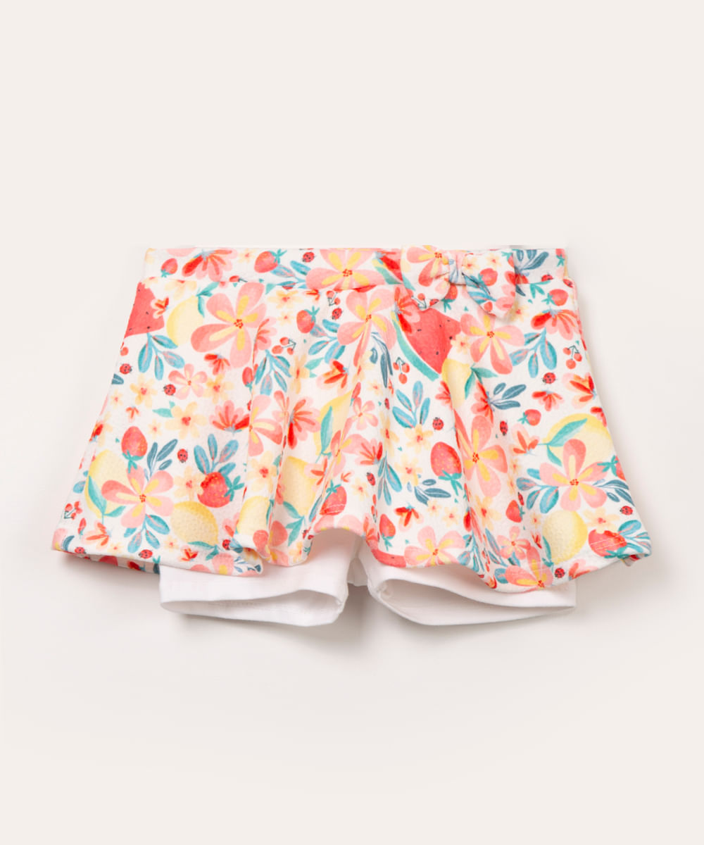 short saia infantil floral com laço off white