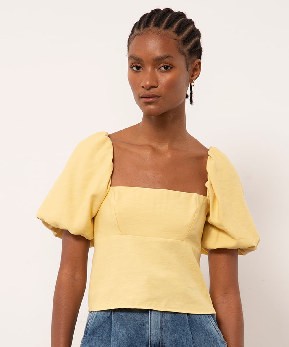 blusa cropped manga balonê mindset amarelo claro