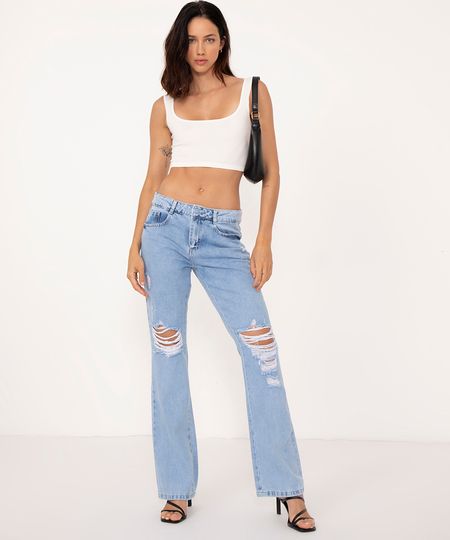 calça jeans flare cintura média destroyed sawary azul claro