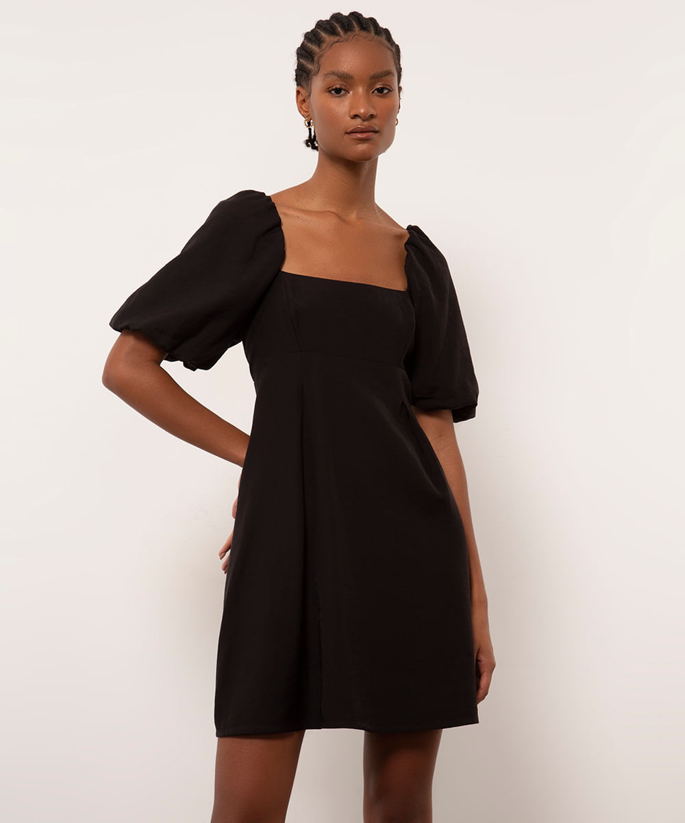 vestido curto manga balonê mindset preto