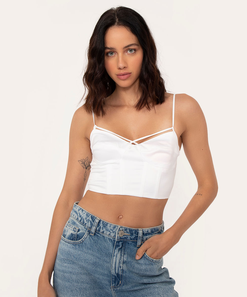 blusa acetinada cropped corset off white