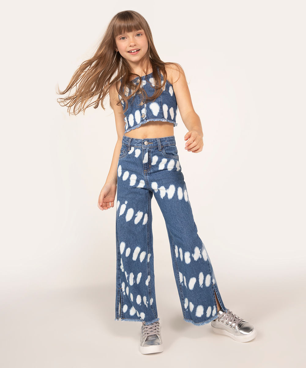 calça infantil jeans wide leg tie dye azul médio