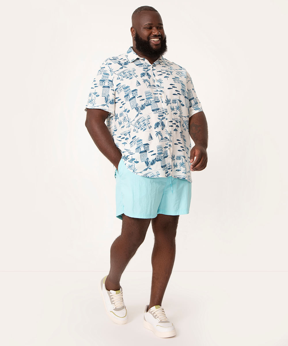 short plus size de poliamida com cordão azul médio