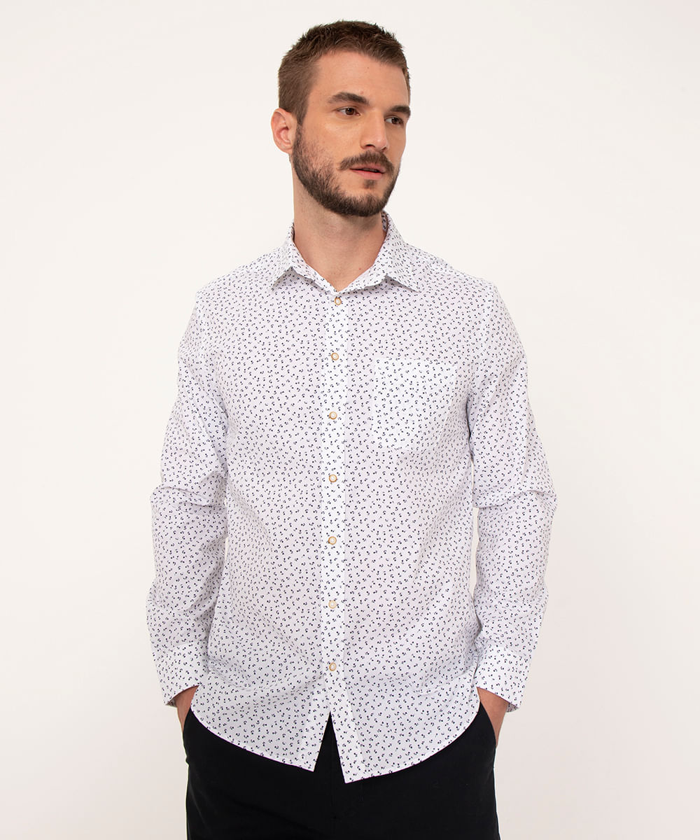 camisa de algodão manga longa com bolso floral branco