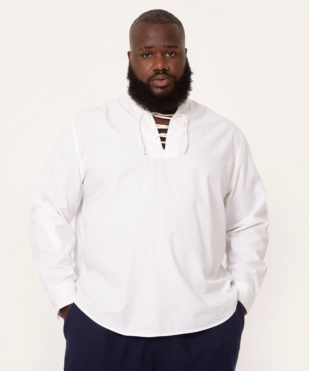 camisa plus size gola padre com amarração branco